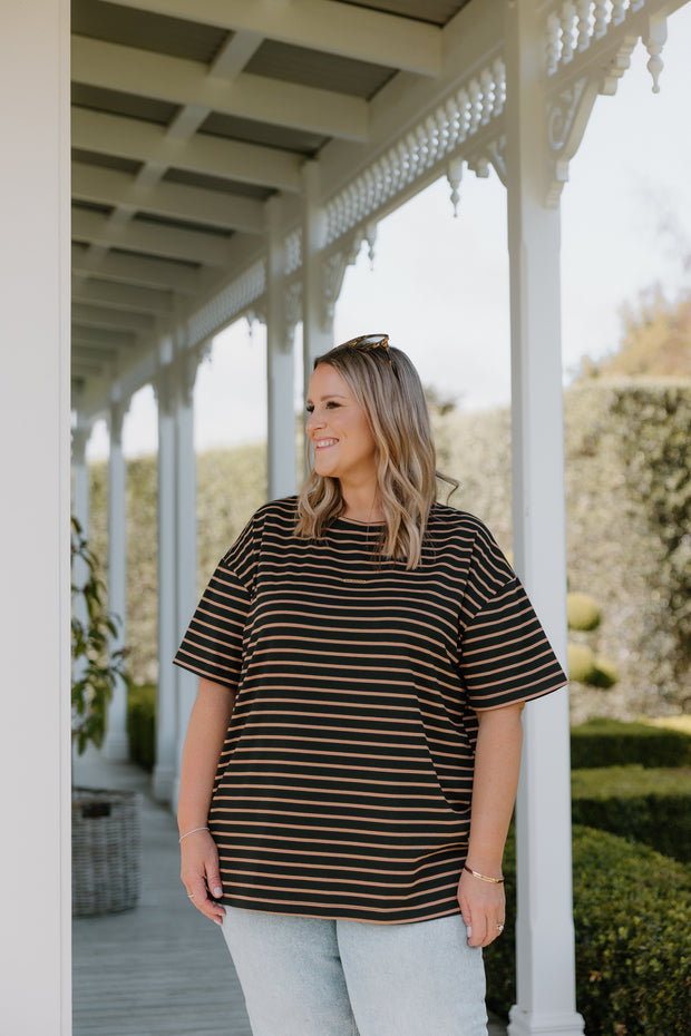 Oversized Tee - Black/Chocolate Stripe