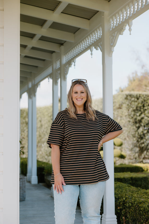 Oversized Tee - Black/Chocolate Stripe