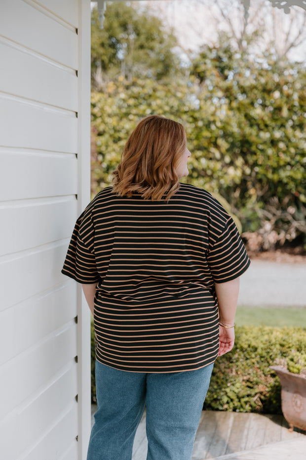 Oversized Tee - Black/Chocolate Stripe