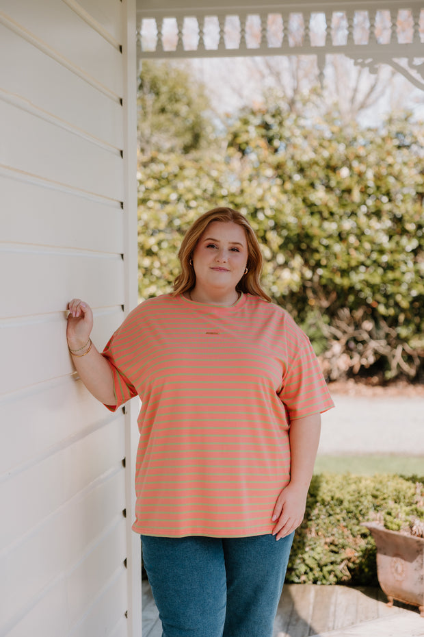 Oversized Tee - Peach/Green Stripe