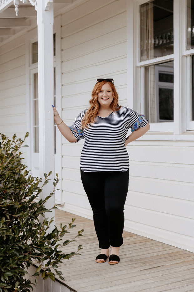 Yasmin Top - B&W Stripe/Purple Floral