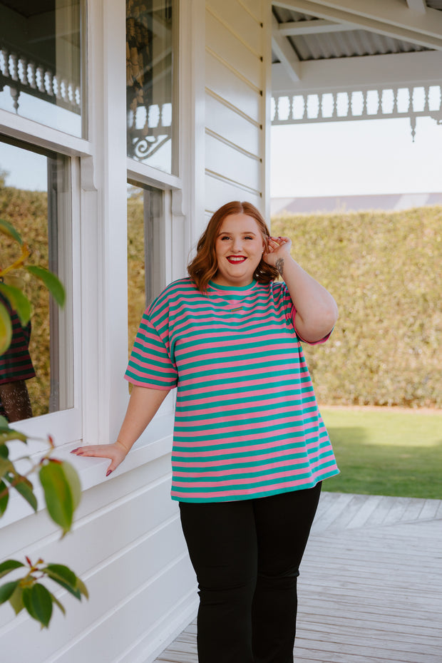 Oversized Tee - Green/Pink Stripe