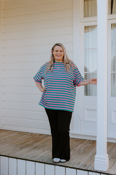 Oversized Tee - Green/Pink Stripe