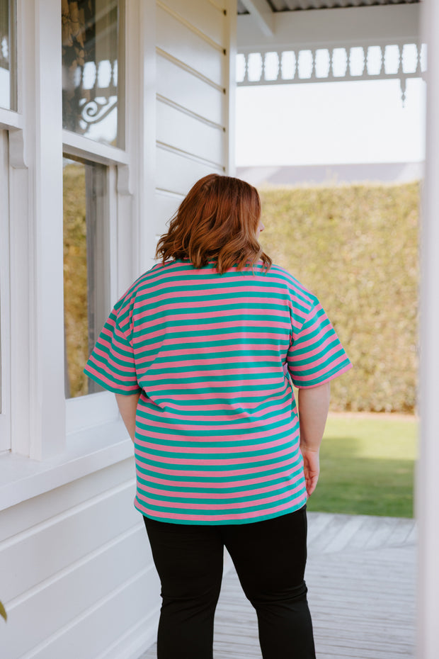 Oversized Tee - Green/Pink Stripe