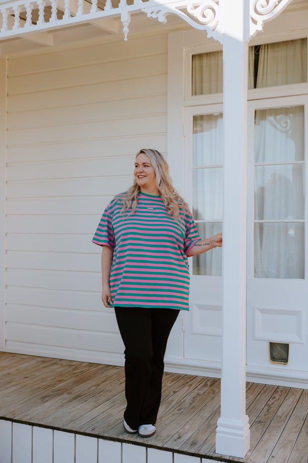 Oversized Tee - Green/Pink Stripe