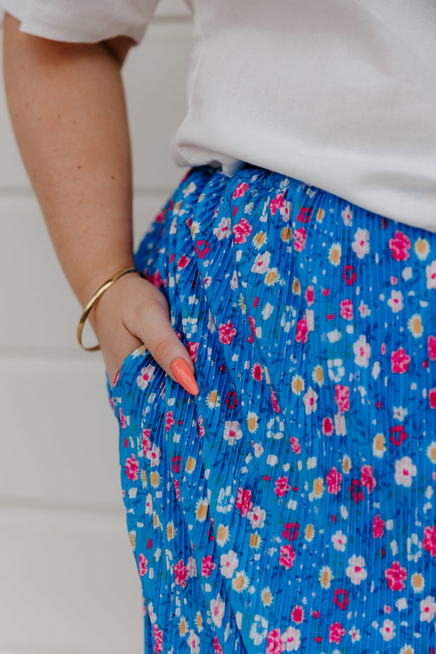 Eve Pleat Midi Skirt - Blue Floral