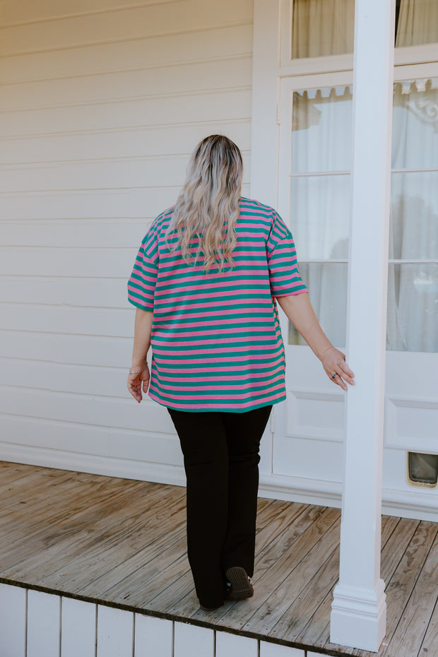 Oversized Tee - Green/Pink Stripe