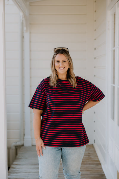 Oversized Tee - Navy/Red Stripe