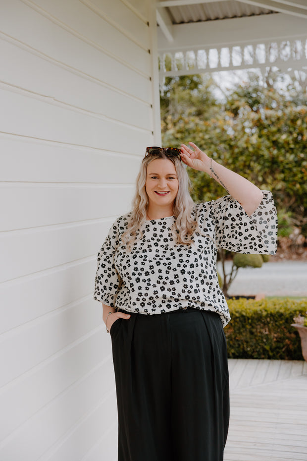 Juno Top - White with Black Floral