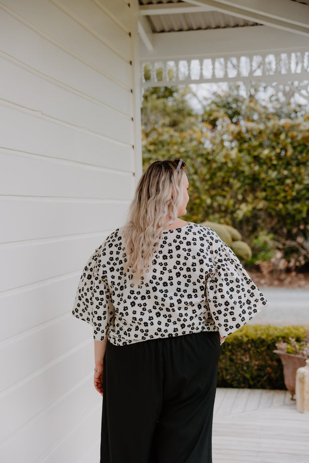 Juno Top - White with Black Floral