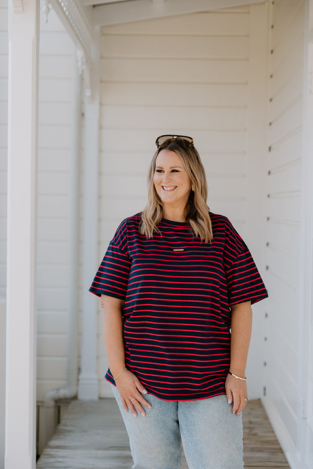 Oversized Tee - Navy/Red Stripe