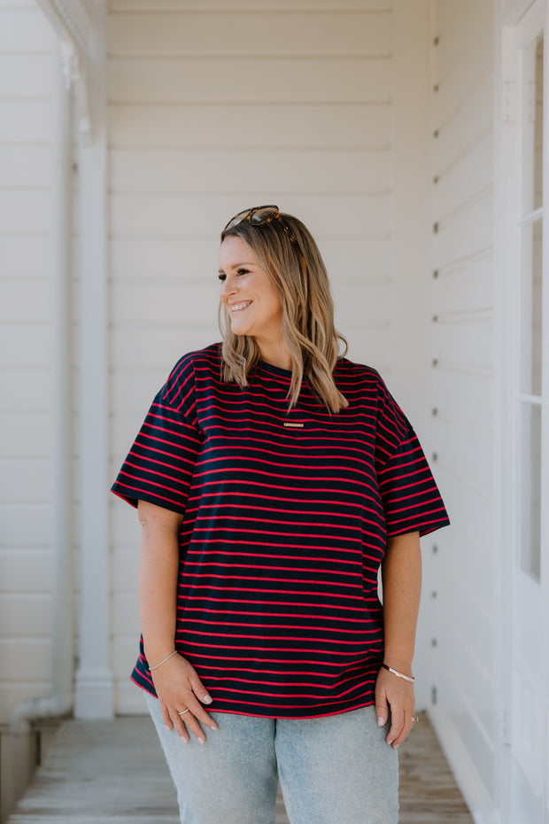 Oversized Tee - Navy/Red Stripe