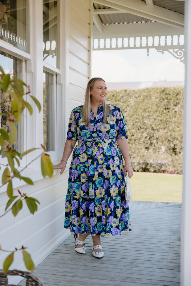 August Dress - Navy-Purple/Yellow Flower