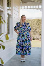 August Dress - Navy-Purple/Yellow Flower
