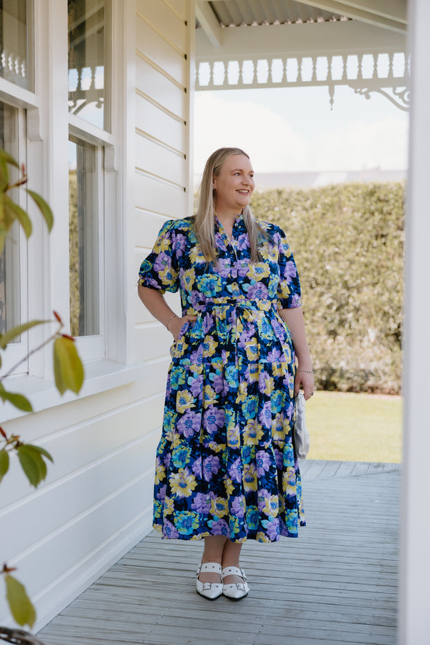 August Dress - Navy-Purple/Yellow Flower