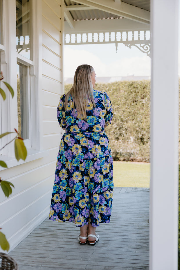 August Dress - Navy-Purple/Yellow Flower