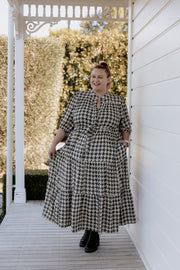 August Dress - Olive Houndstooth