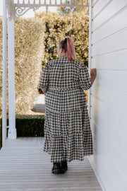 August Dress - Olive Houndstooth