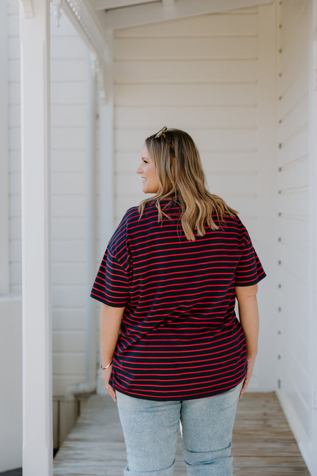 Oversized Tee - Navy/Red Stripe