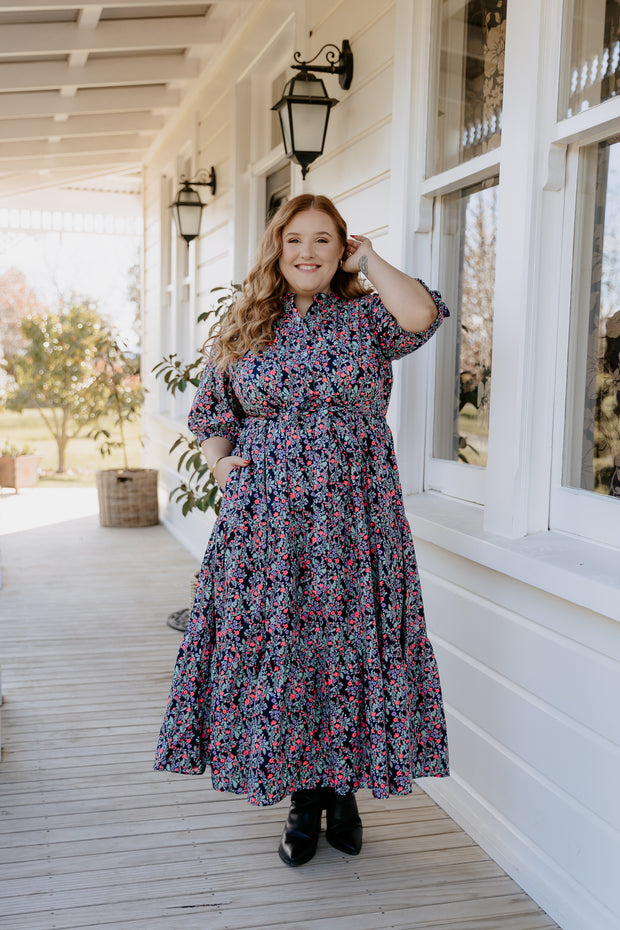 August Dress - Black Neon Floral