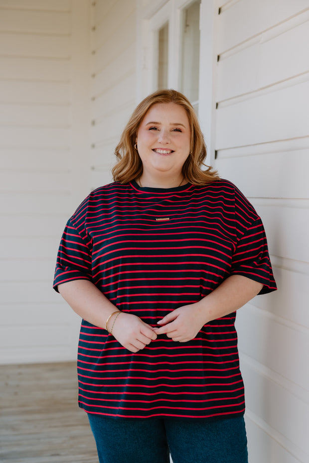 Oversized Tee - Navy/Red Stripe