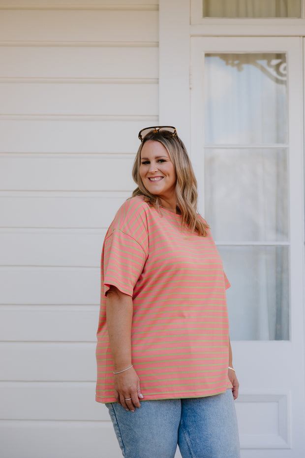 Oversized Tee - Peach/Green Stripe