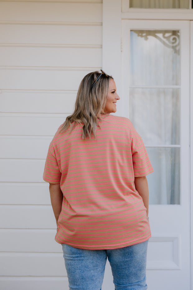Oversized Tee - Peach/Green Stripe