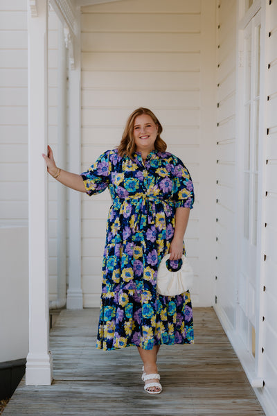 August Dress - Navy-Purple/Yellow Flower