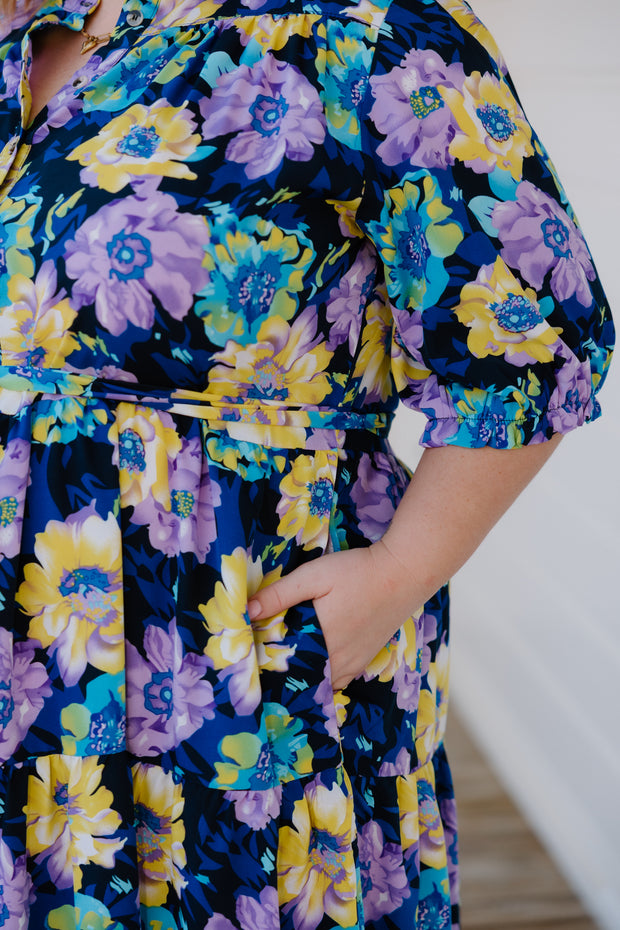 August Dress - Navy-Purple/Yellow Flower