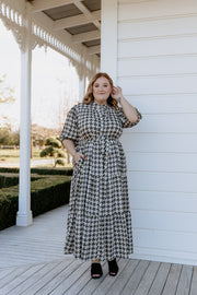 August Dress - Olive Houndstooth