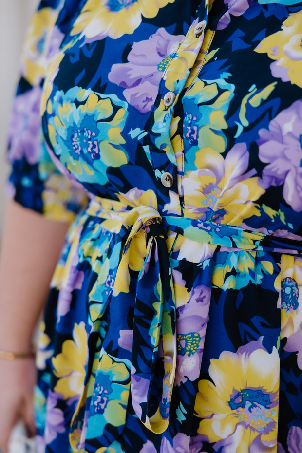 August Dress - Navy-Purple/Yellow Flower