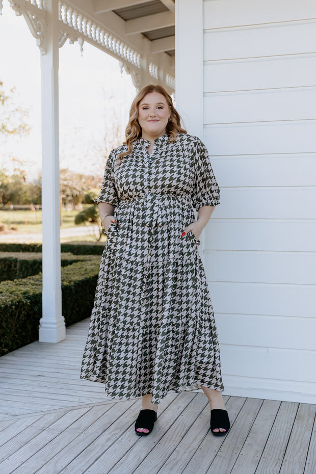 August Dress - Olive Houndstooth