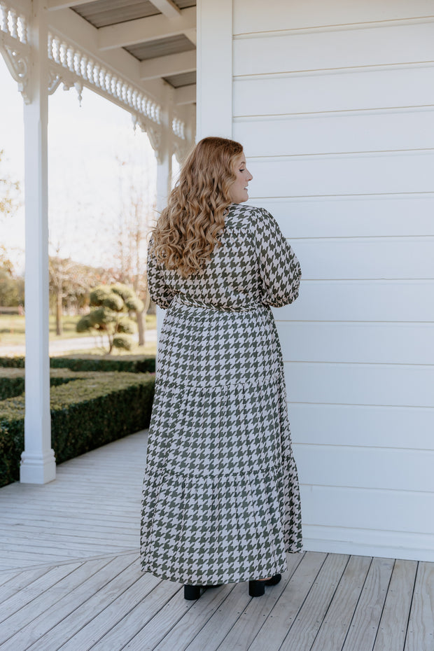 August Dress - Olive Houndstooth