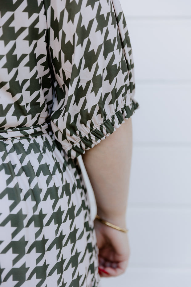 August Dress - Olive Houndstooth