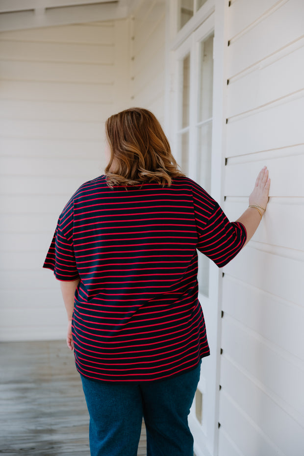 Oversized Tee - Navy/Red Stripe