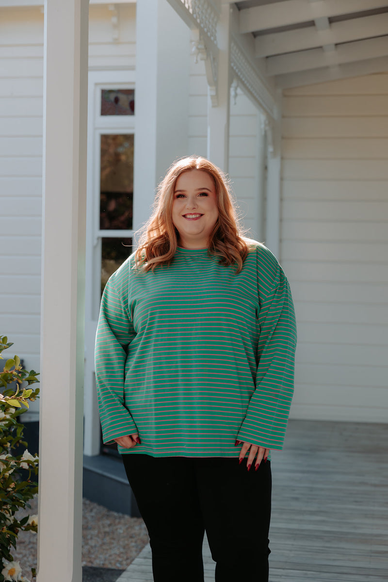 Oversized Tee LS - Green & Pink Stripe – Ruby & Rain